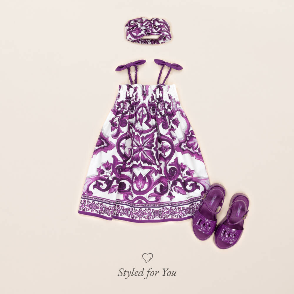 Dolce & Gabbana-Girls White & Purple Majolica Print Cotton Poplin Sun Dress | Childrensalon Outlet
