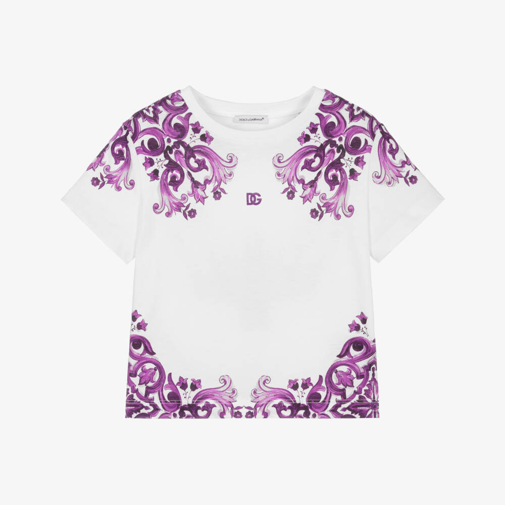 Dolce & Gabbana-Girls White & Purple Majolica Print Cotton T-Shirt | Childrensalon Outlet