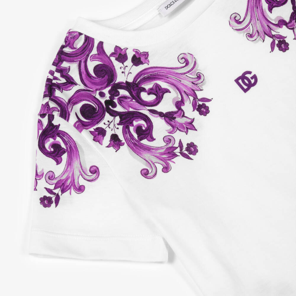 Dolce & Gabbana-Girls White & Purple Majolica Print Cotton T-Shirt | Childrensalon Outlet