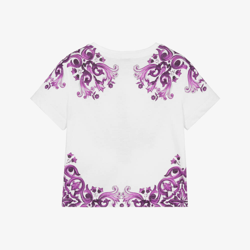 Dolce & Gabbana-Girls White & Purple Majolica Print Cotton T-Shirt | Childrensalon Outlet