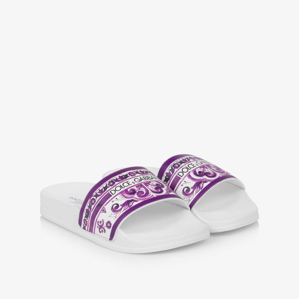 Dolce & Gabbana-Girls White & Purple Majolica Print Leather Sliders | Childrensalon Outlet