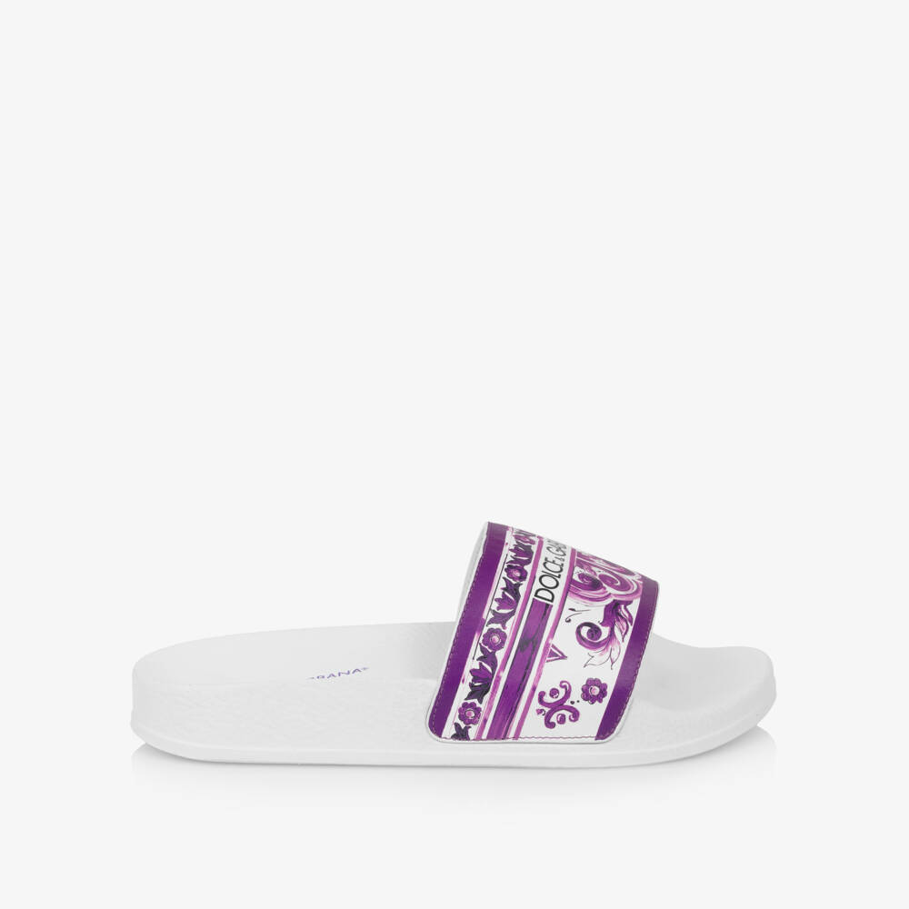 Dolce & Gabbana-Girls White & Purple Majolica Print Leather Sliders | Childrensalon Outlet