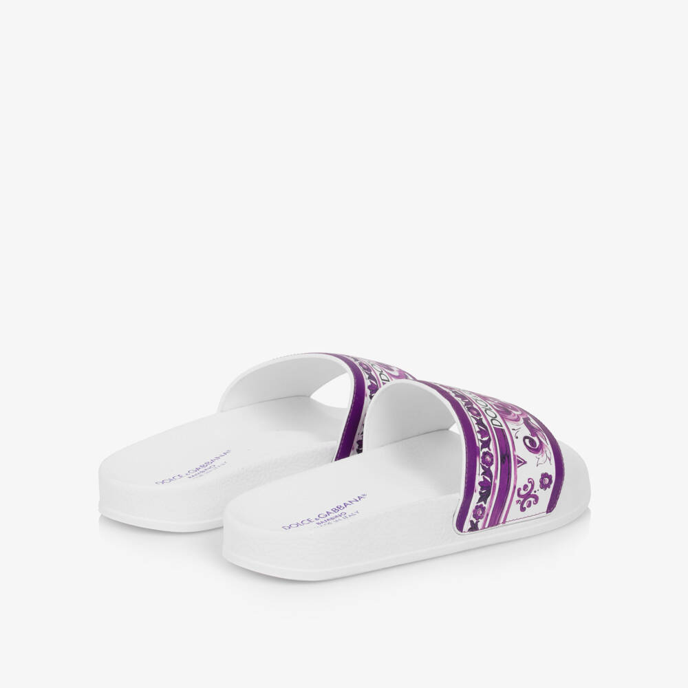 Dolce & Gabbana-Girls White & Purple Majolica Print Leather Sliders | Childrensalon Outlet