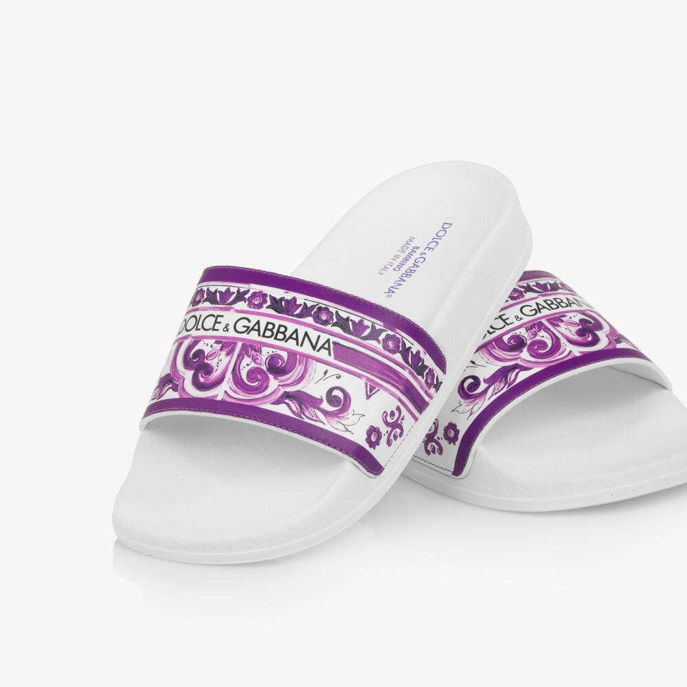 Dolce & Gabbana-Girls White & Purple Majolica Print Leather Sliders | Childrensalon Outlet