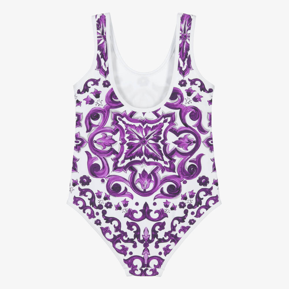 Dolce & Gabbana-Girls White & Purple Majolica Print Swimsuit | Childrensalon Outlet