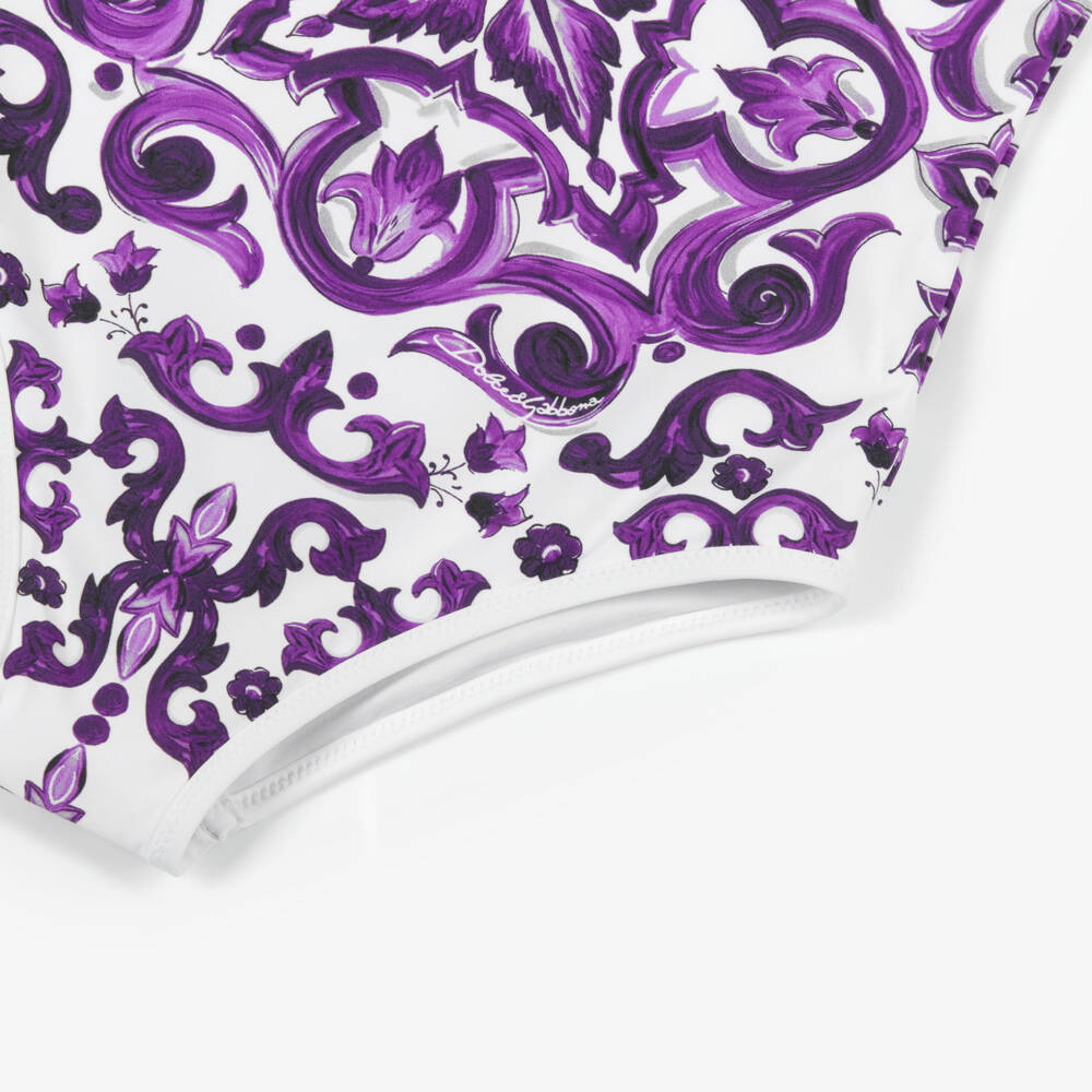 Dolce & Gabbana-Girls White & Purple Majolica Print Swimsuit | Childrensalon Outlet