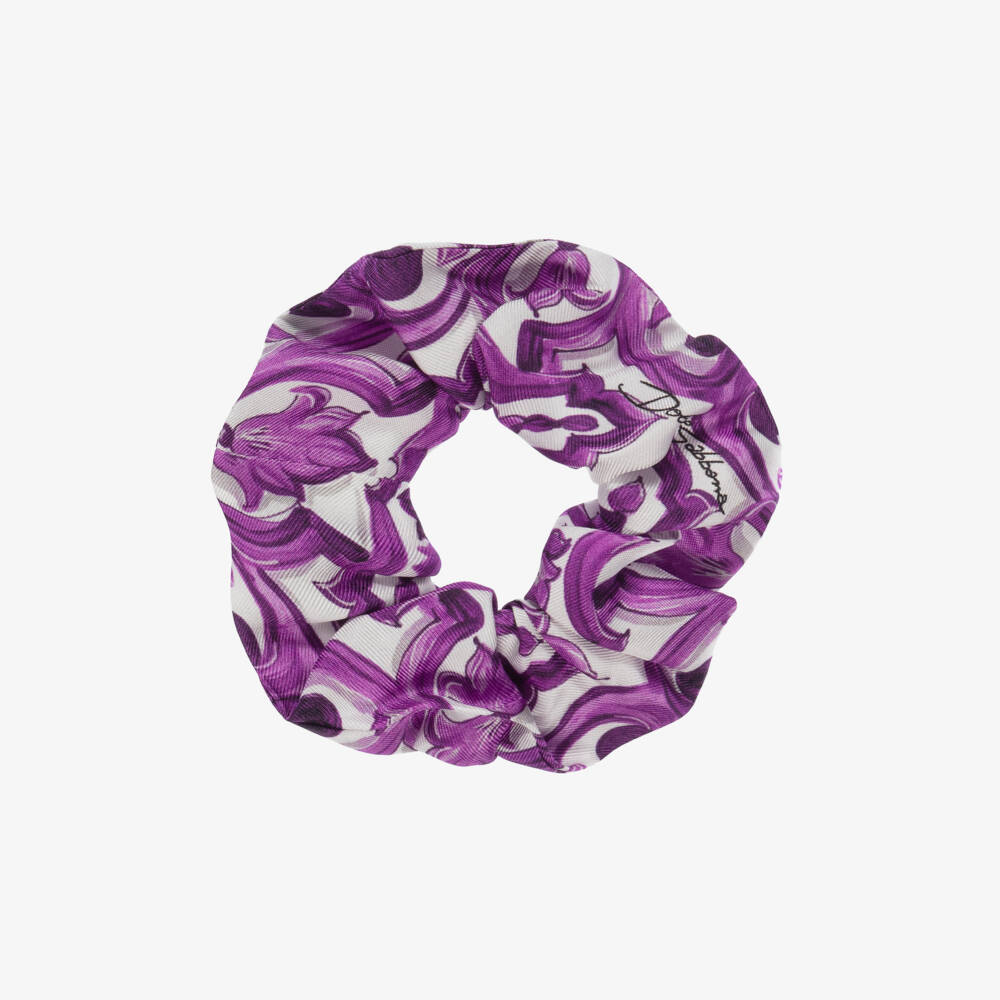 Dolce & Gabbana-Girls White & Purple Silk Majolica Hair Scrunchie | Childrensalon Outlet