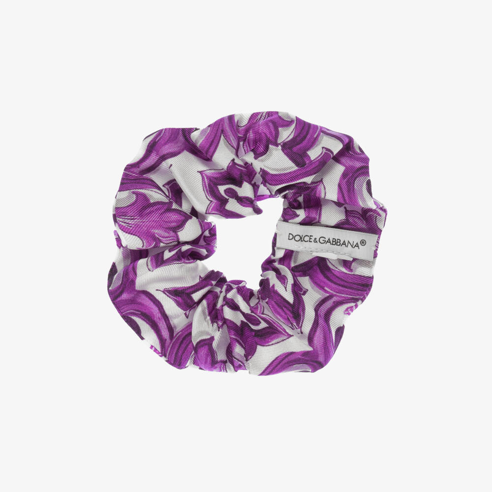 Dolce & Gabbana-Girls White & Purple Silk Majolica Hair Scrunchie | Childrensalon Outlet