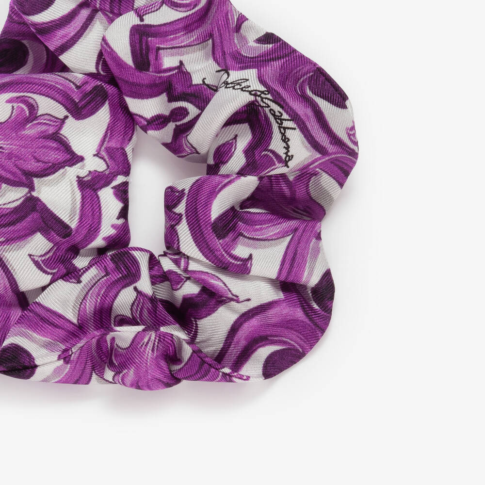 Dolce & Gabbana-Girls White & Purple Silk Majolica Hair Scrunchie | Childrensalon Outlet