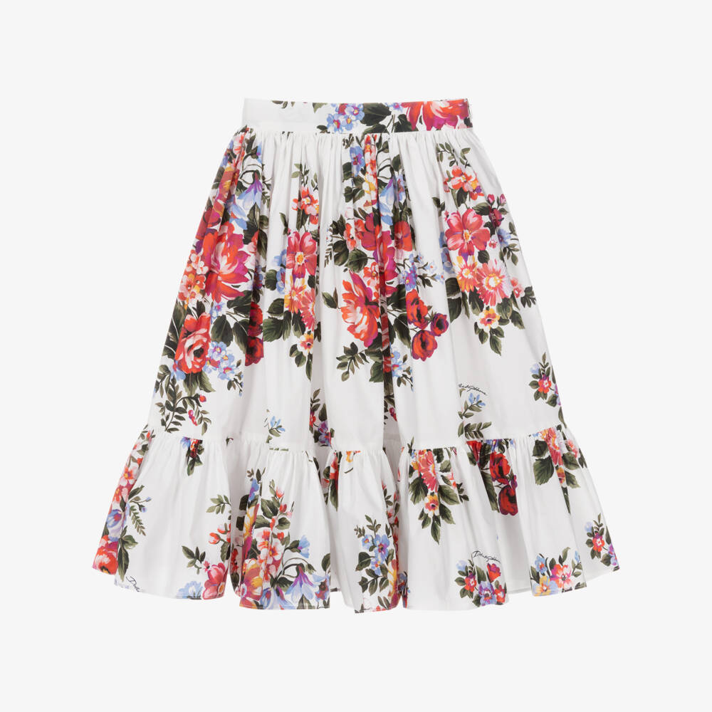 Dolce & Gabbana-Girls White & Red Floral Cotton Maxi Skirt | Childrensalon Outlet