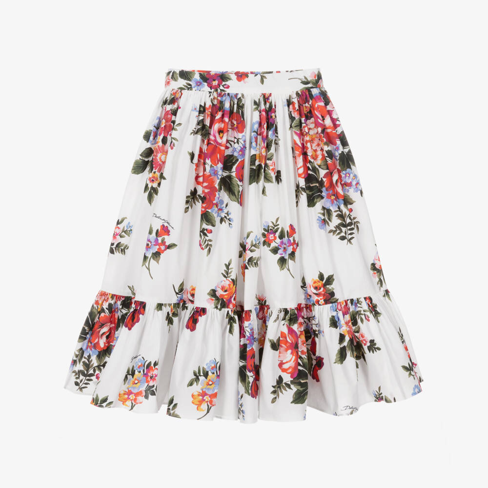 Dolce & Gabbana-Girls White & Red Floral Cotton Maxi Skirt | Childrensalon Outlet