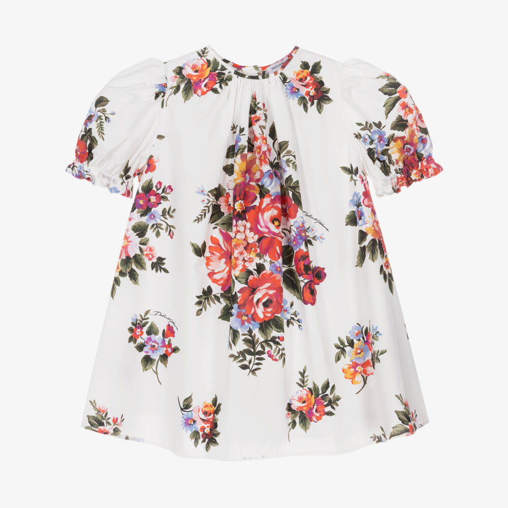 Dolce & Gabbana-Girls White & Red Floral Cotton Poplin Dress | Childrensalon Outlet