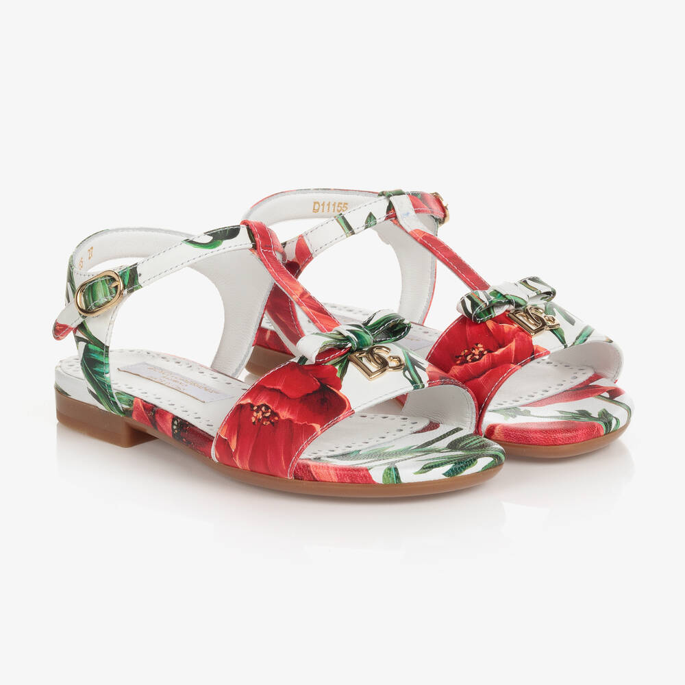 Dolce & Gabbana - Girls White & Red Poppy T-Bar Sandals | Childrensalon