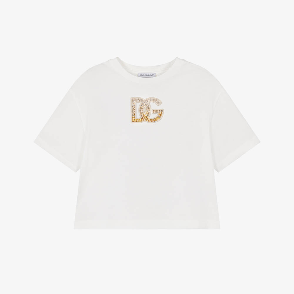 Dolce & Gabbana-تيشيرت أبيض للبنات بشعار مرصع بالكريستال | Childrensalon Outlet