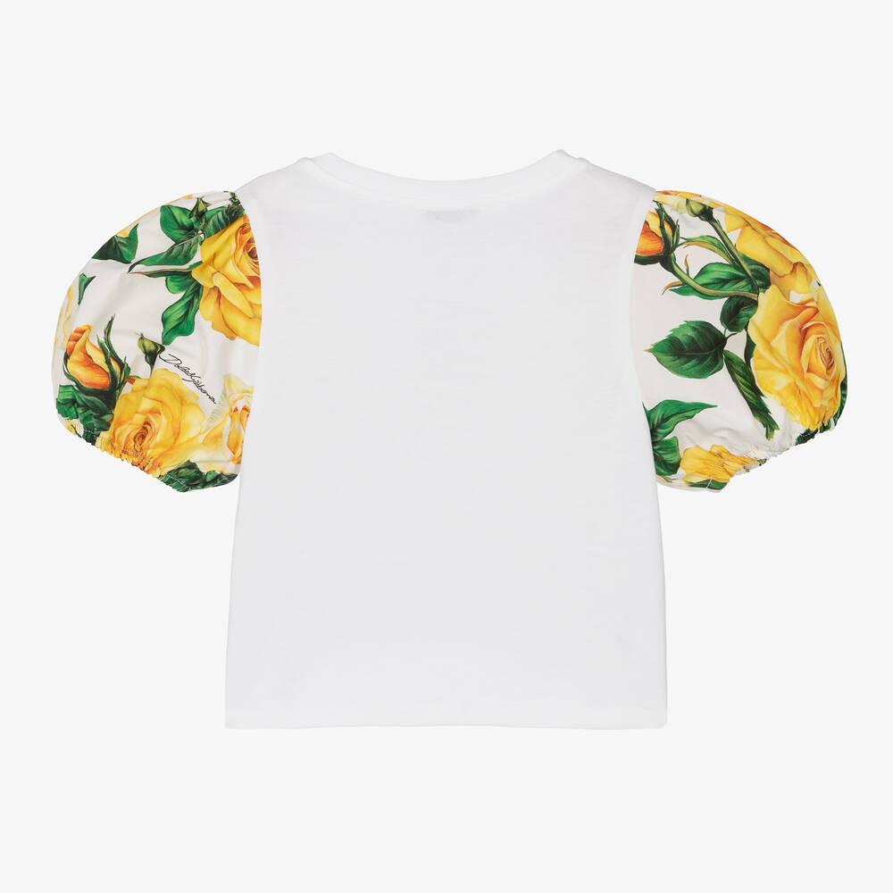 Dolce & Gabbana-Girls White Rose Print Cotton T-Shirt | Childrensalon Outlet