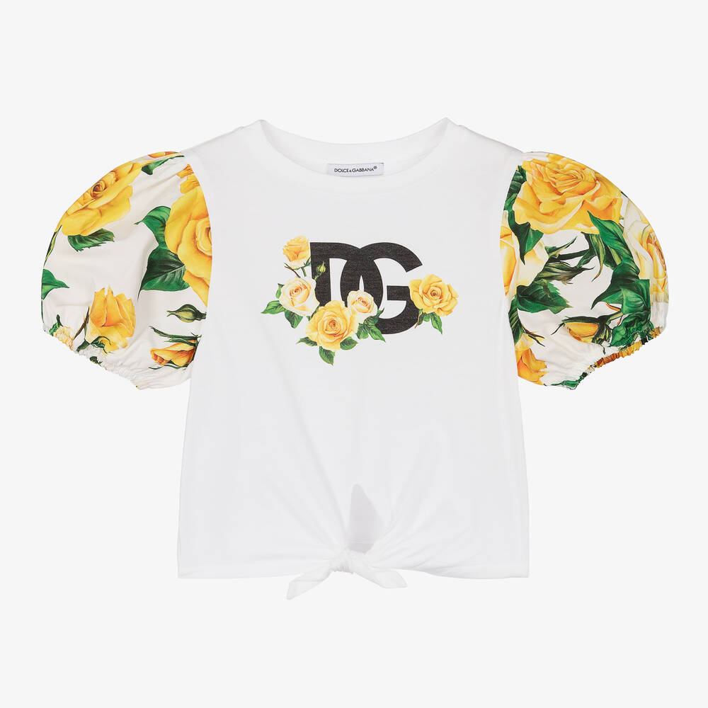 Dolce & Gabbana-Girls White Rose Print Cotton T-Shirt | Childrensalon Outlet
