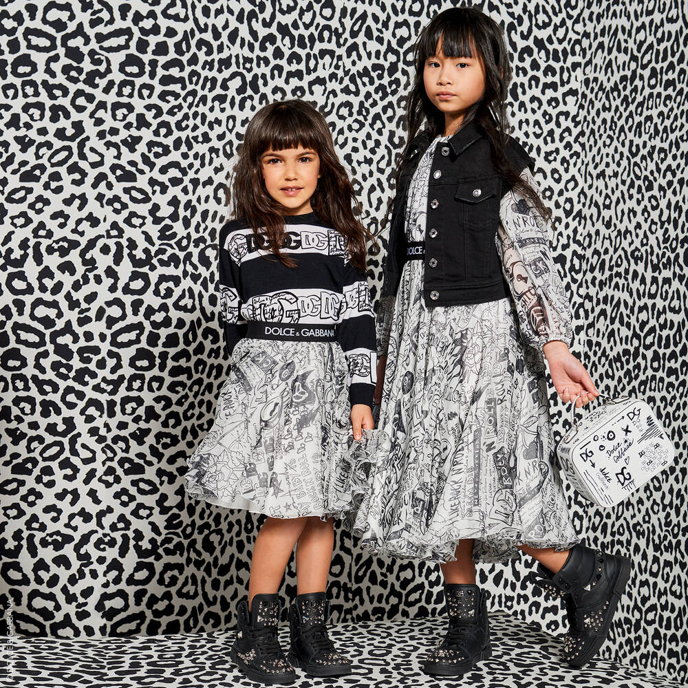 スカート DOLCE & GABBANA BLACK AND WHITE SKIRT Dolce & Gabbana - Girls White Silk Graffiti Skirt