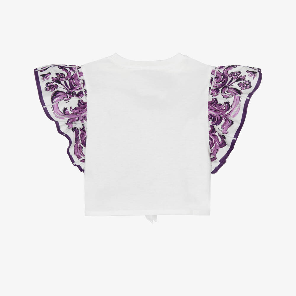 Dolce & Gabbana-تيشيرت أبيض للبنات مع كشكش زهرية | Childrensalon Outlet