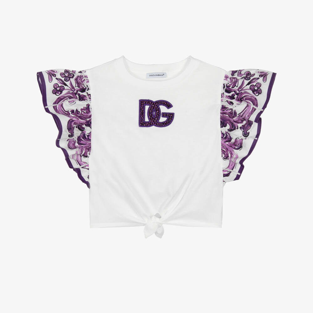 Dolce & Gabbana-تيشيرت أبيض للبنات مع كشكش زهرية | Childrensalon Outlet