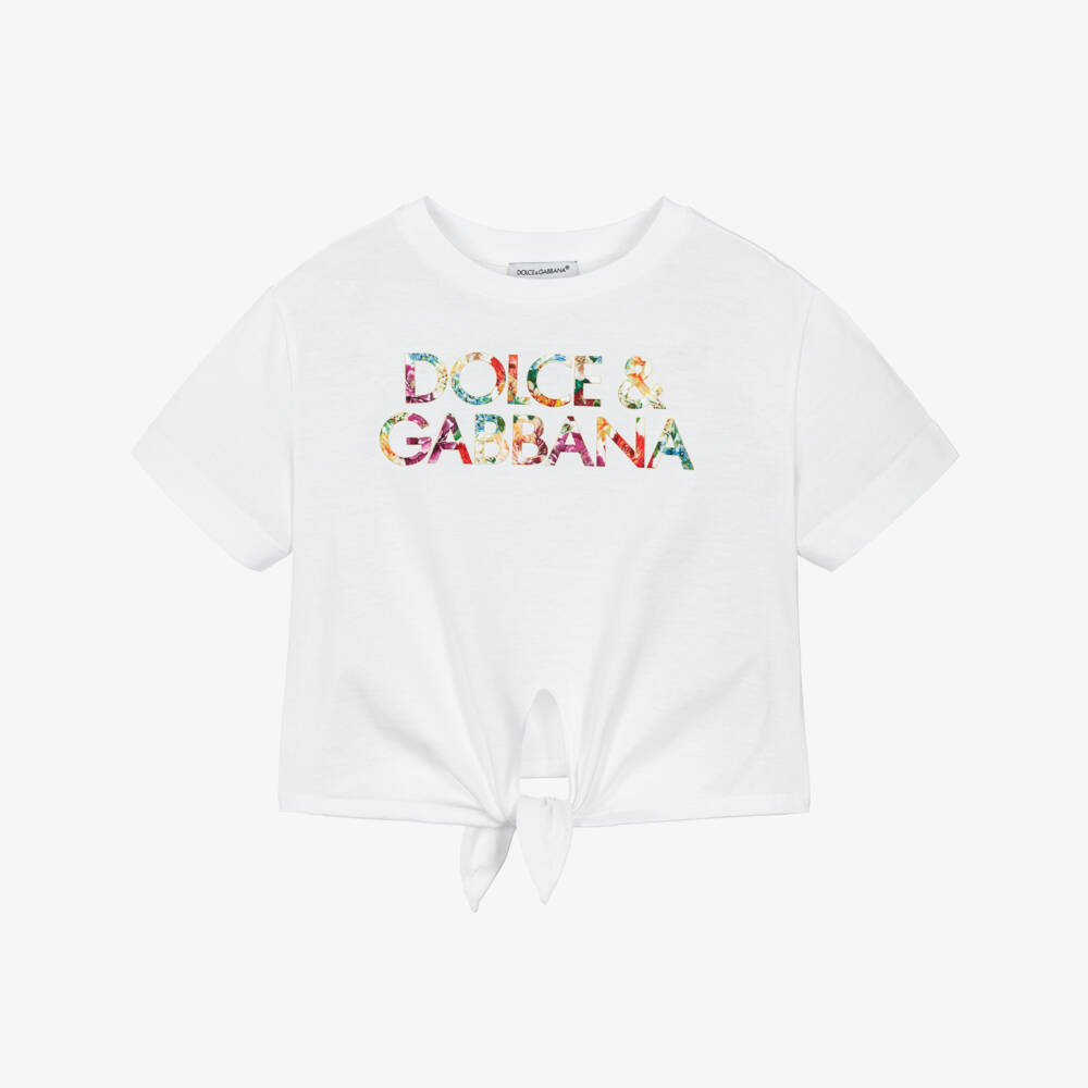 Dolce & Gabbana-تي شيرت قطني أبيض للبنات مع ربطة أمامية | Childrensalon Outlet