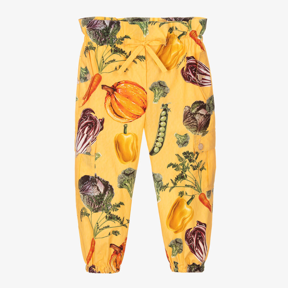 Dolce & Gabbana - Girls Yellow Farmer Print Cotton Trousers | Childrensalon