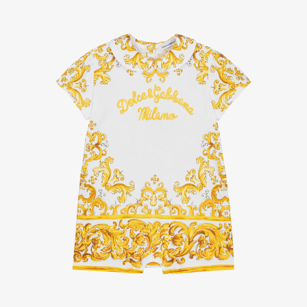Dolce & Gabbana-Girls Yellow Majolica Cotton Playsuit | Childrensalon Outlet