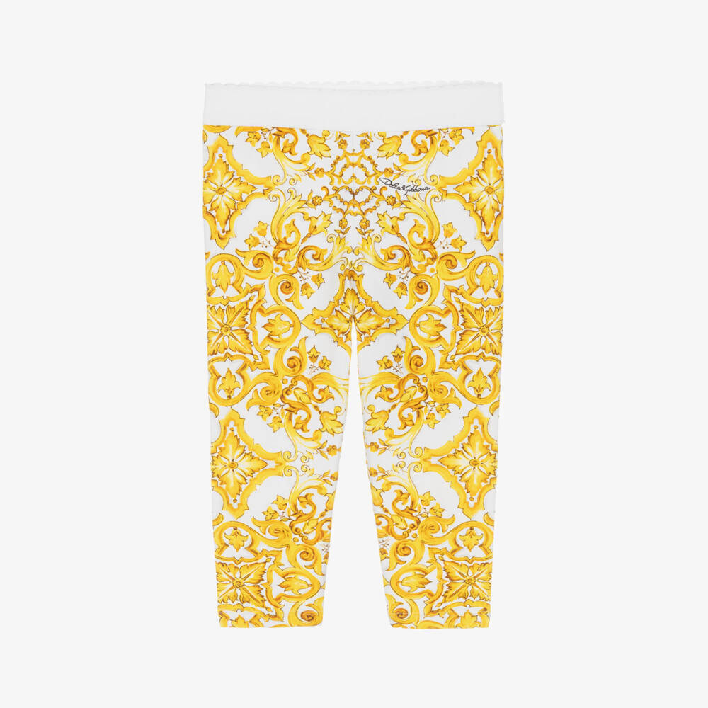 Dolce & Gabbana-Girls Yellow Majolica Pattern Cotton Leggings | Childrensalon Outlet