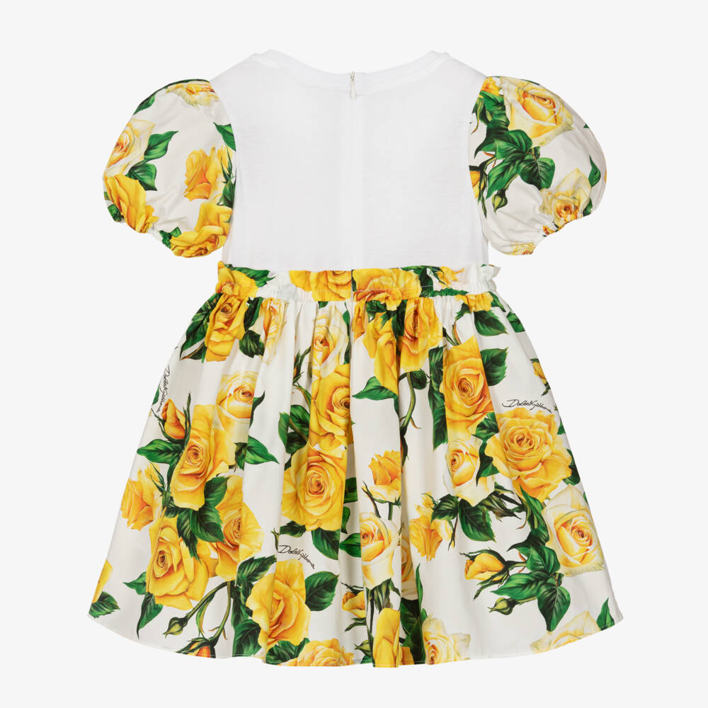Dolce & Gabbana-Girls Yellow Rose Print Cotton Dress | Childrensalon Outlet