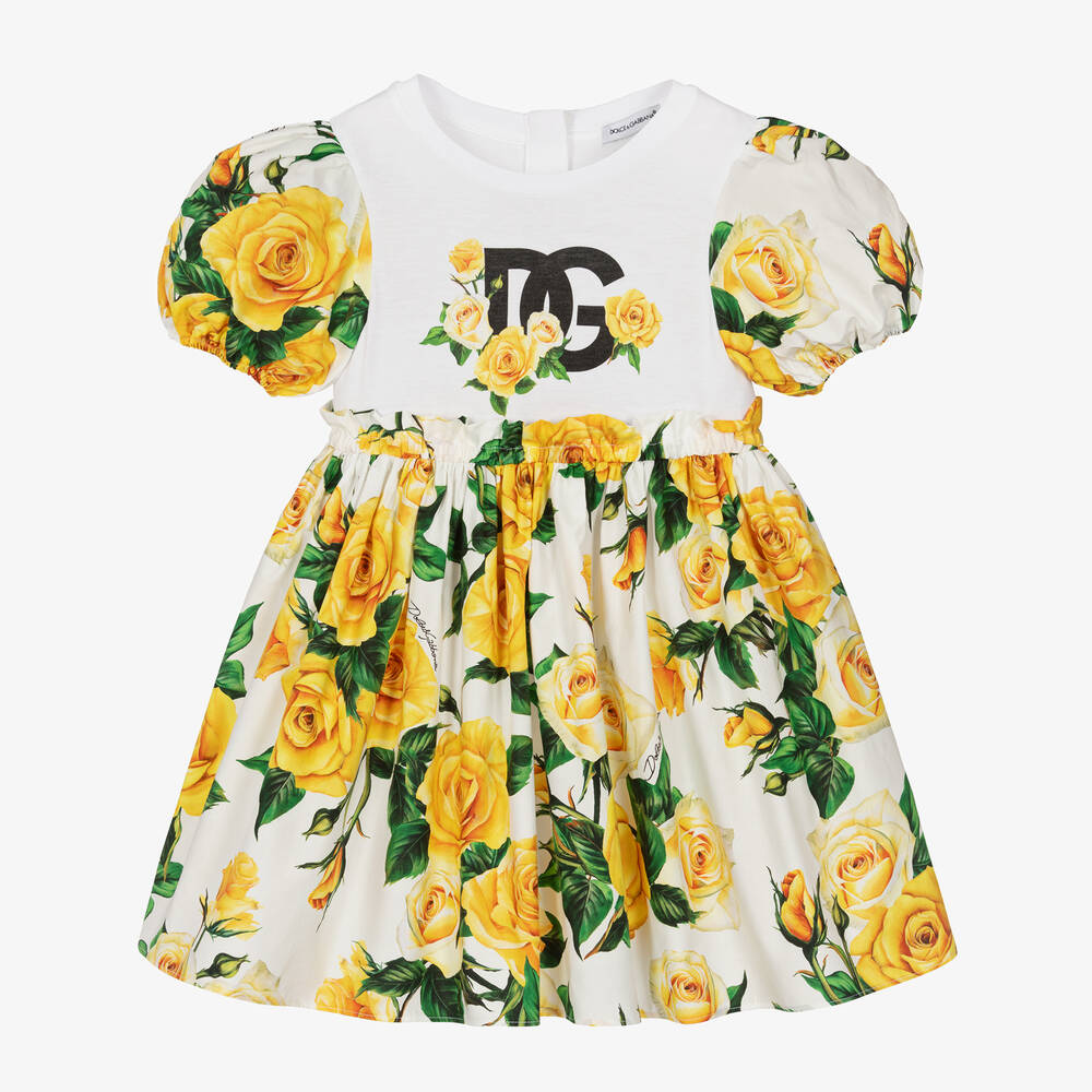 Dolce & Gabbana-Girls Yellow Rose Print Cotton Dress | Childrensalon Outlet