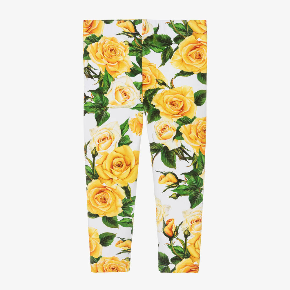 Dolce & Gabbana-Girls Yellow Rose Print Cotton Leggings | Childrensalon Outlet
