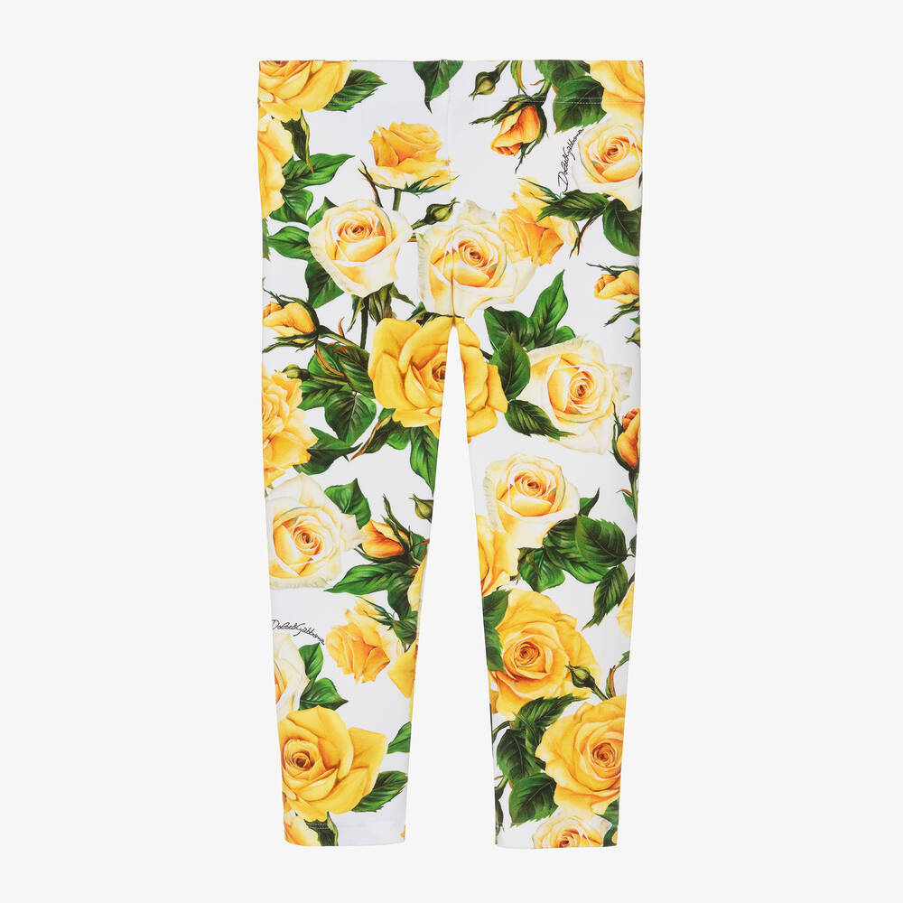 Dolce & Gabbana-Girls Yellow Rose Print Cotton Leggings  | Childrensalon Outlet