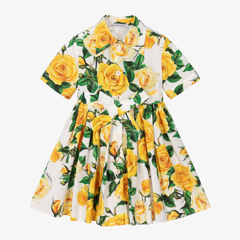 Dolce & Gabbana-Girls Yellow Rose Print Shirt Dress | Childrensalon Outlet