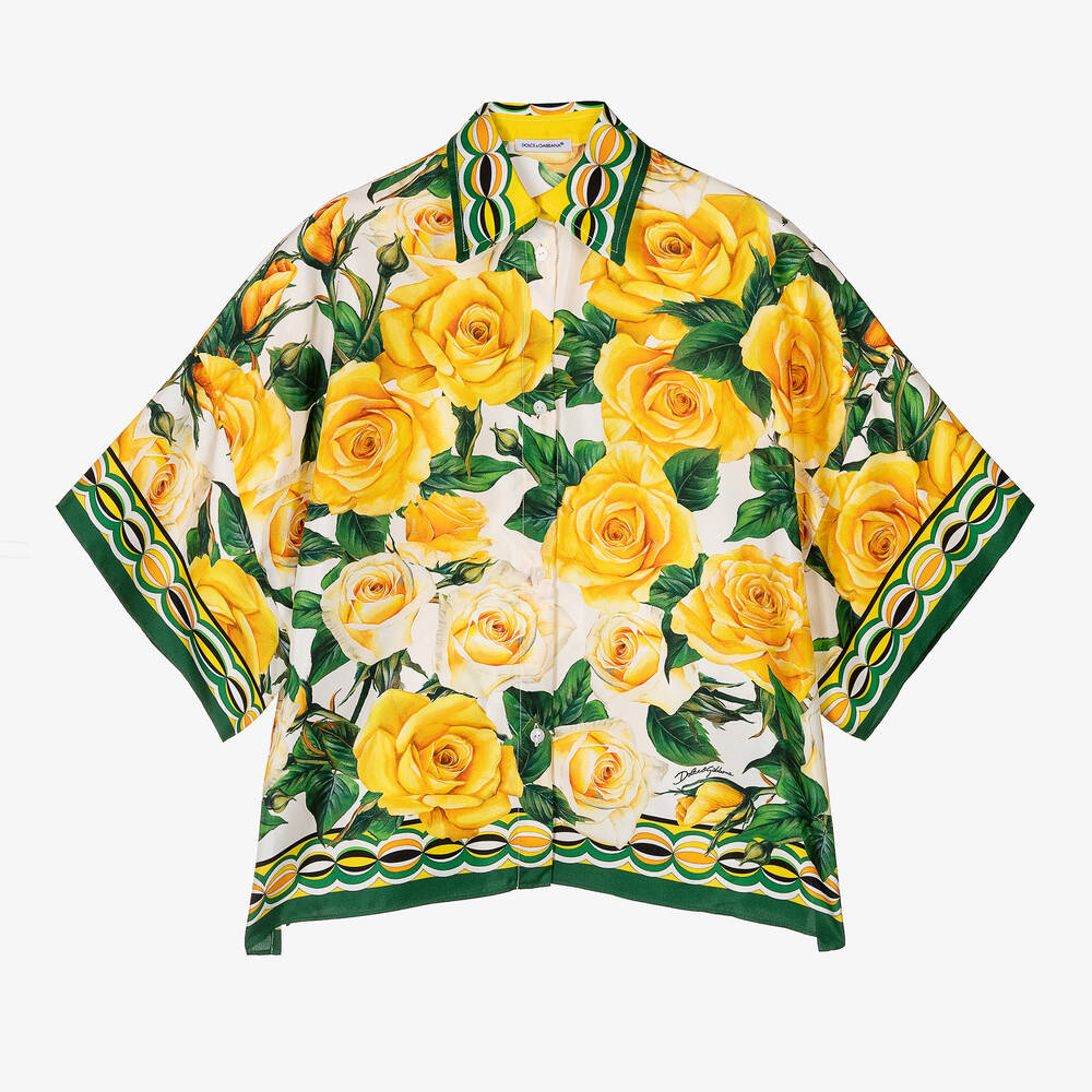 Dolce & Gabbana-Girls Yellow Rose Print Silk Blouse | Childrensalon Outlet