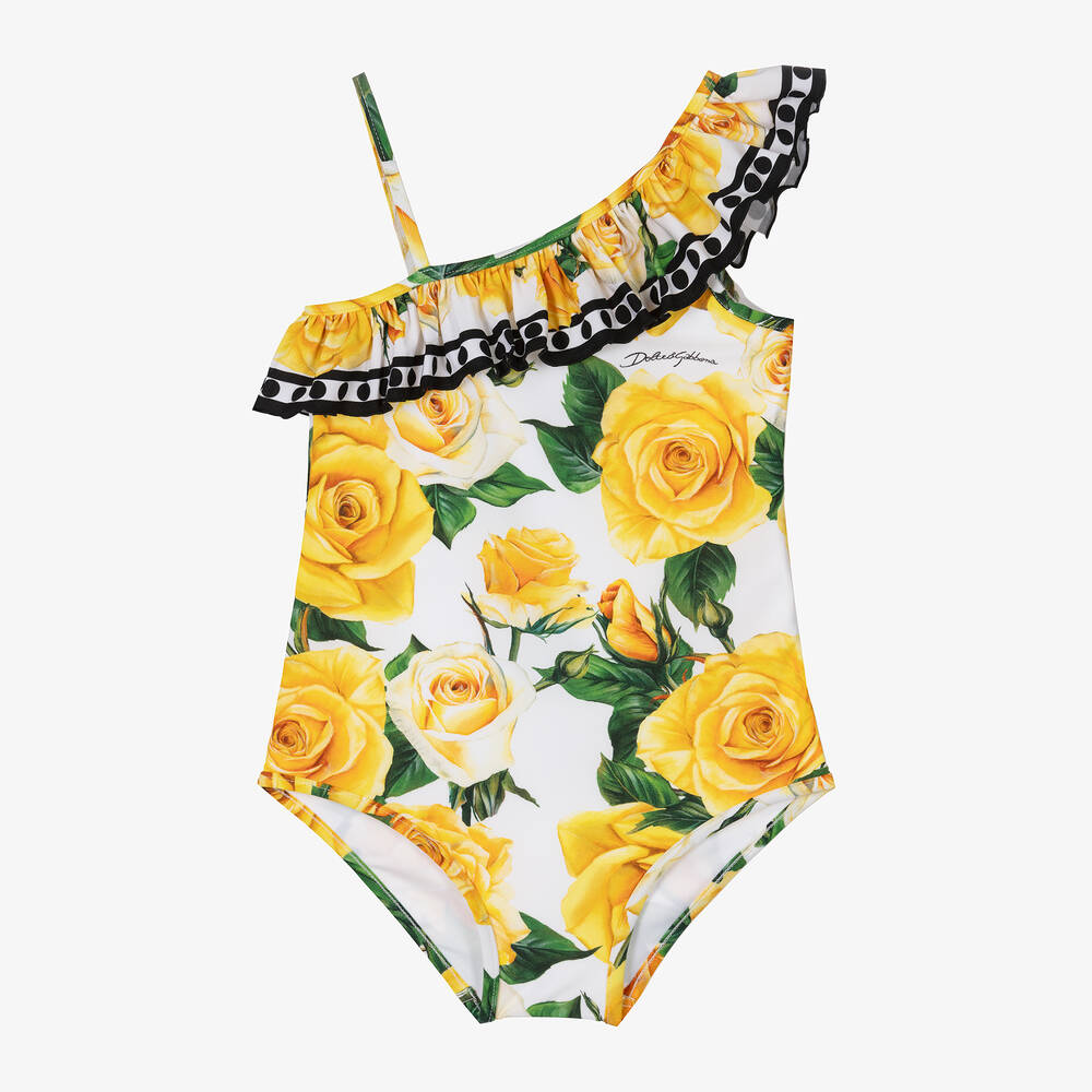 Dolce & Gabbana-Girls Yellow Rose Print Swimsuit | Childrensalon Outlet