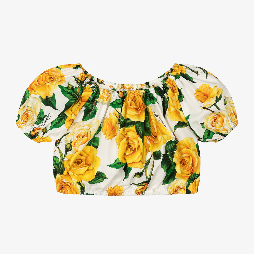 Dolce & Gabbana-بلوزة قطن بوبلين لون أصفر وأبيض للبنات | Childrensalon Outlet
