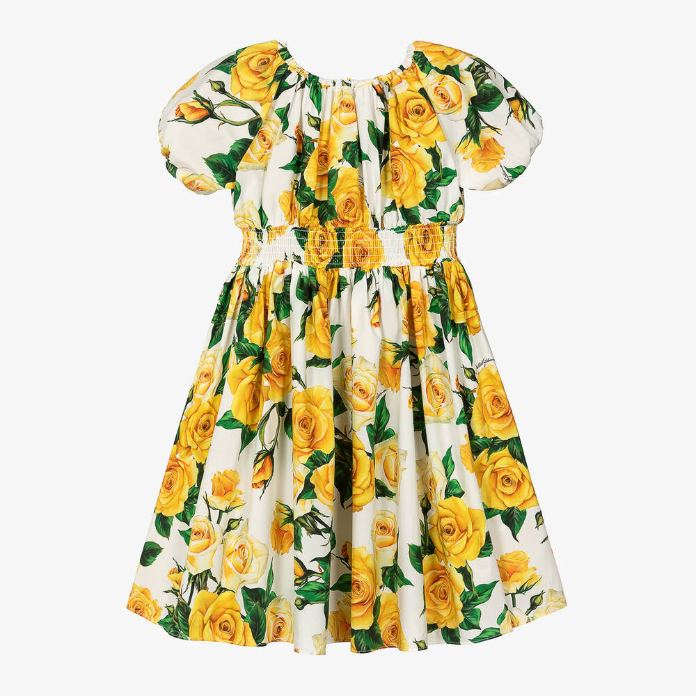 Dolce Gabbana Girls Yellow Roses Cotton Poplin Dress Childrensalon Outlet