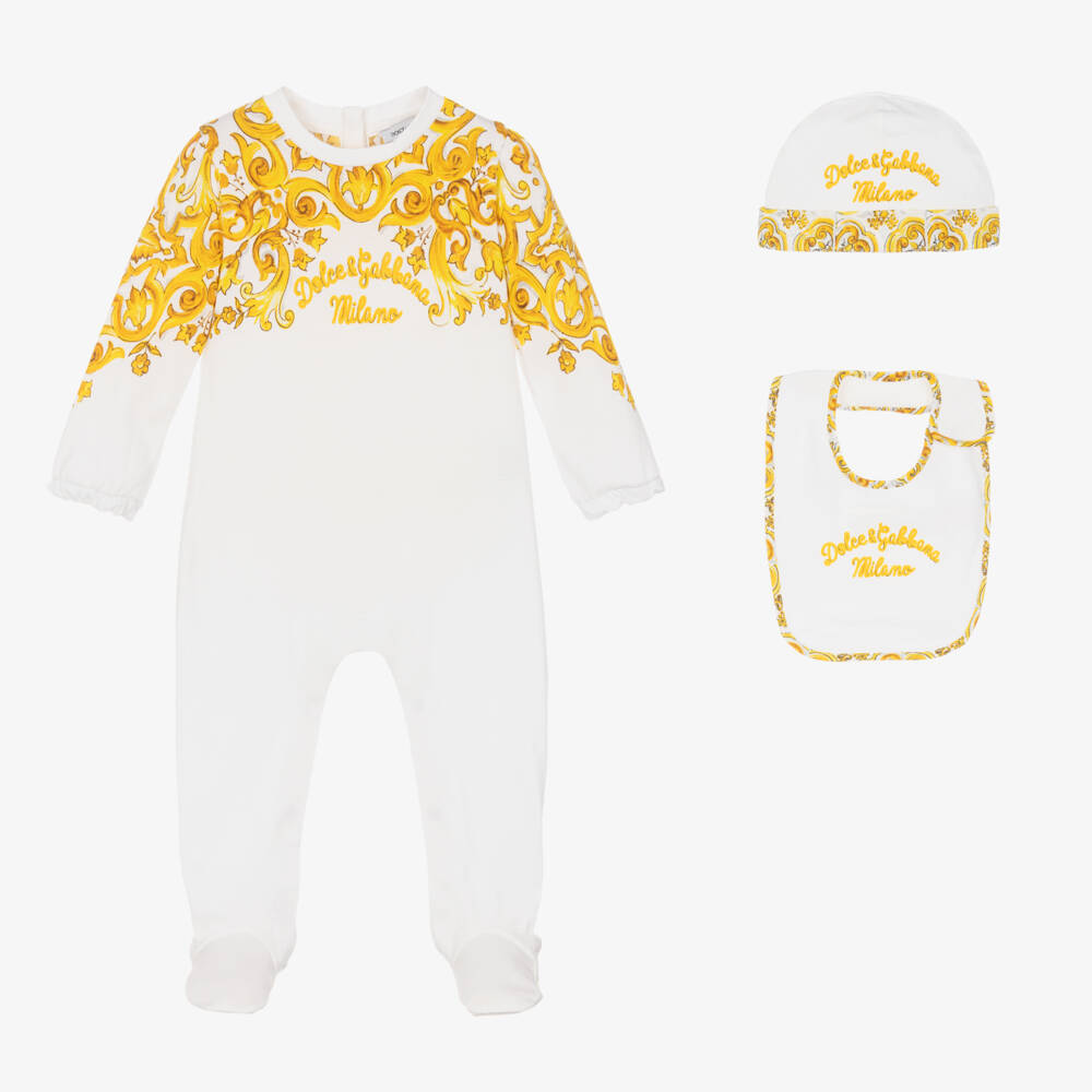 Dolce & Gabbana-Girls Yellow & White Babysuit Trio | Childrensalon Outlet