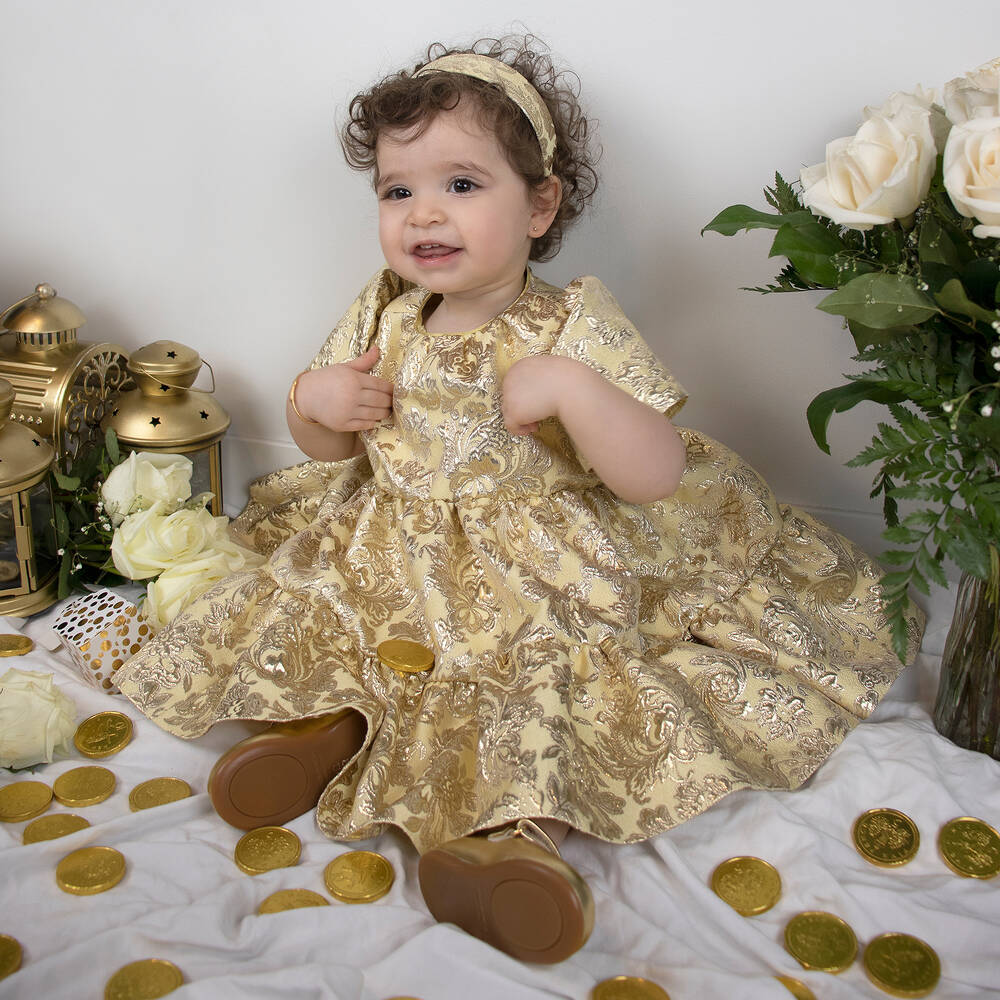 Dolce Gabbana Gold Jacquard Baby Dress Set Childrensalon Outlet