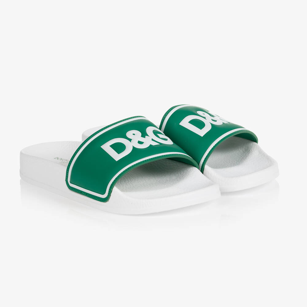Dolce & Gabbana - Green Leather Logo Sliders | Childrensalon