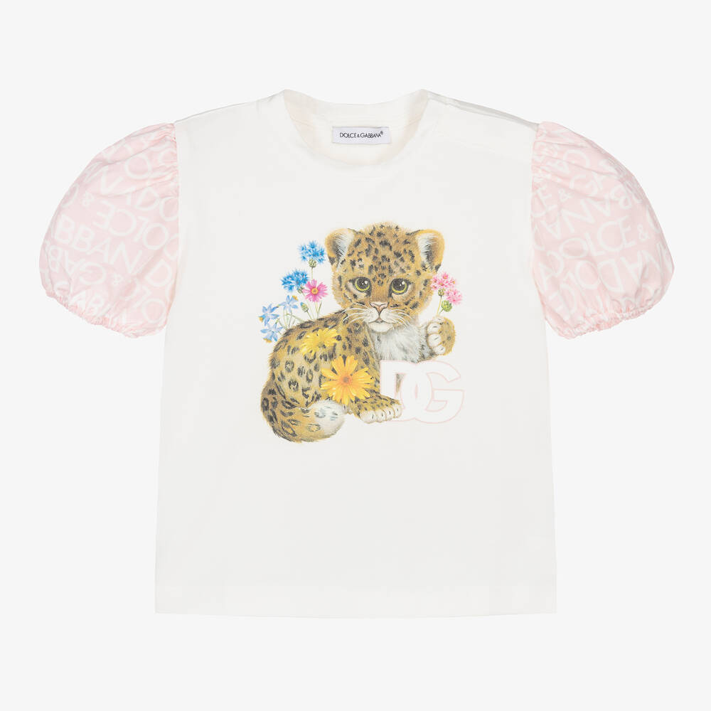 Dolce & Gabbana - Кремово-розовая хлопковая футболка DG с леопардом | Childrensalon