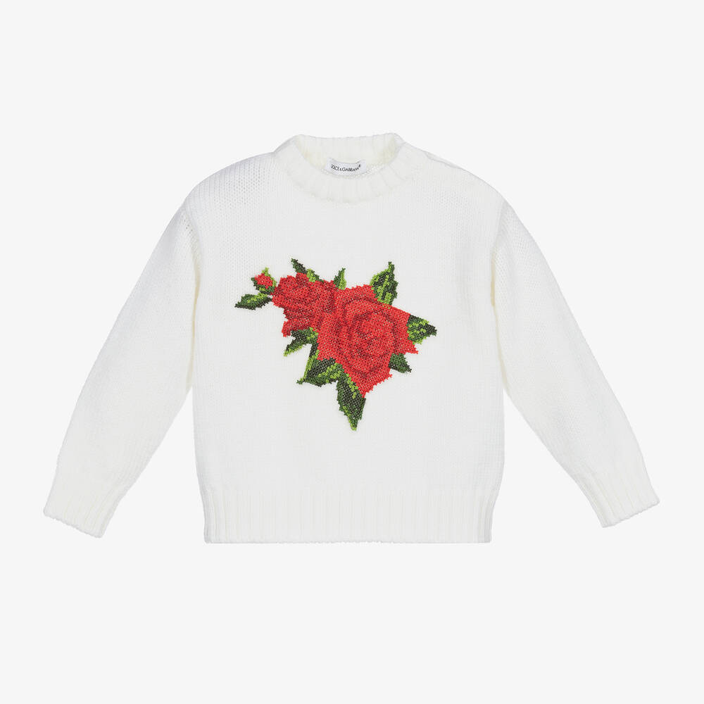 Dolce & Gabbana - Elfenbeinfarbener Strickpulli mit Rosenmotiv | Childrensalon