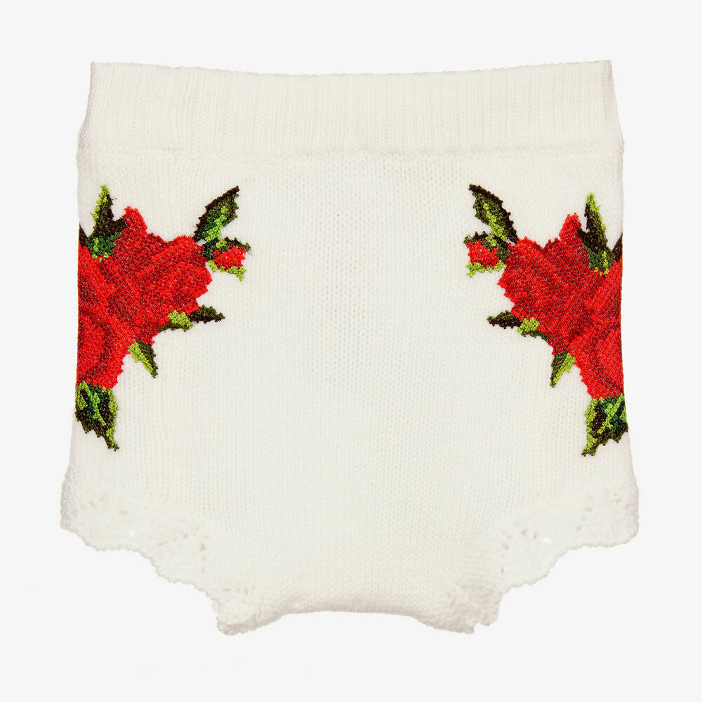  دولتشي آند غابانا-شورت صوف محبوك لون عاجي وأحمر للمولودات | Childrensalon Outlet