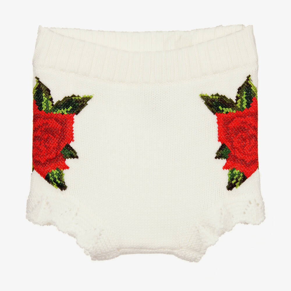 Dolce & Gabbana - Elfenbeinfarbene Strickshorts mit Rosenmotiv | Childrensalon