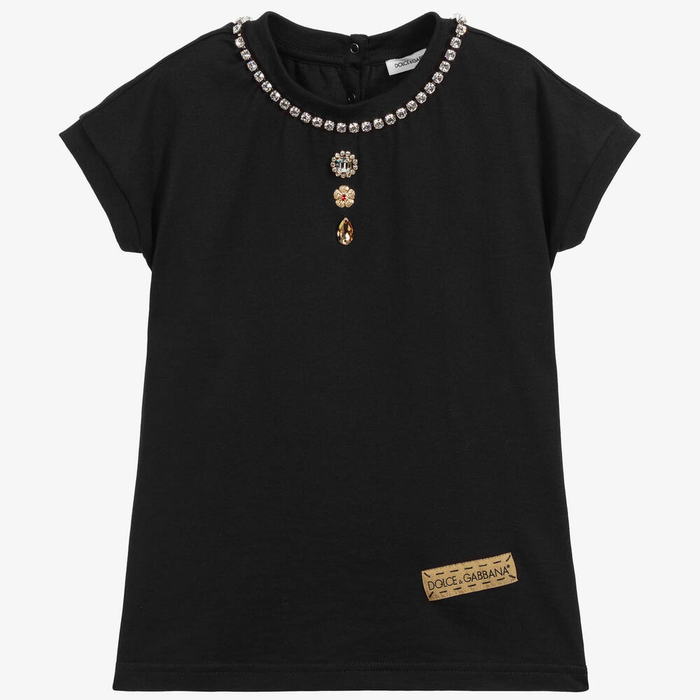 Dolce & Gabbana - تيشيرت قطن لون أسود مزين بكريستال للبنات | Childrensalon