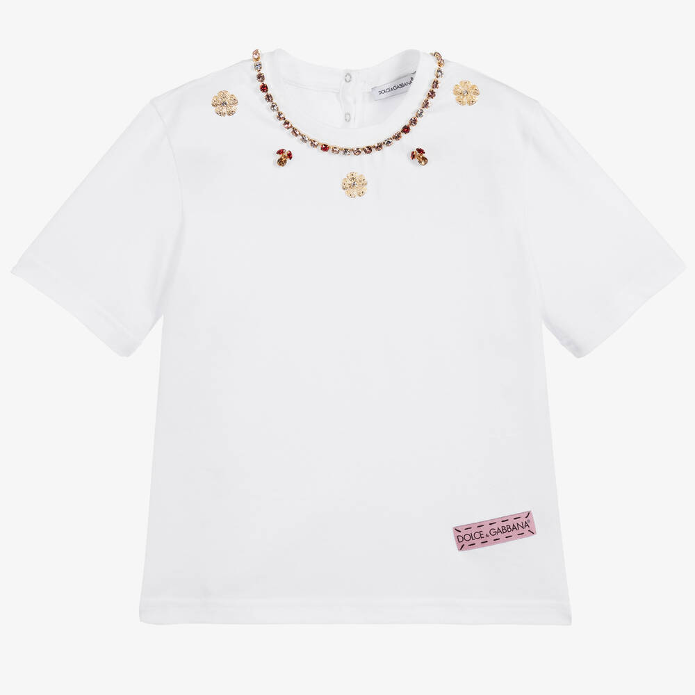 Dolce & Gabbana - تيشيرت قطن لون أبيض مزين بكريستال للبنات | Childrensalon