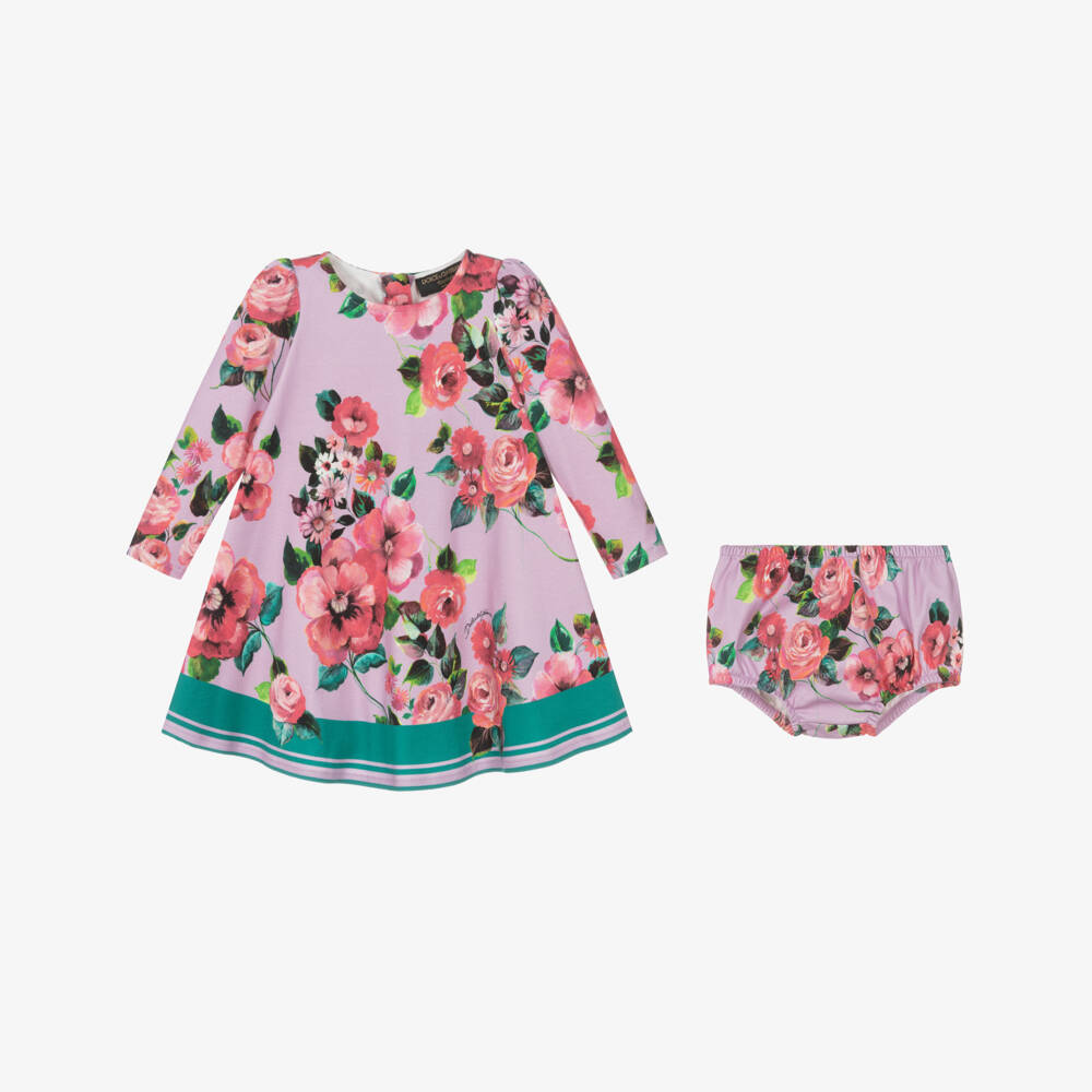 Dolce & Gabbana-Лиловое и розовое хлопковое платье с цветочным узором для девочек | Childrensalon Outlet
