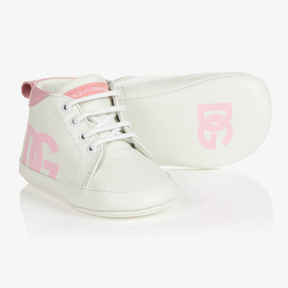 Dolce & Gabbana - حذاء جلد لمرحلة قبل المشي لون أبيض وزهري | Childrensalon