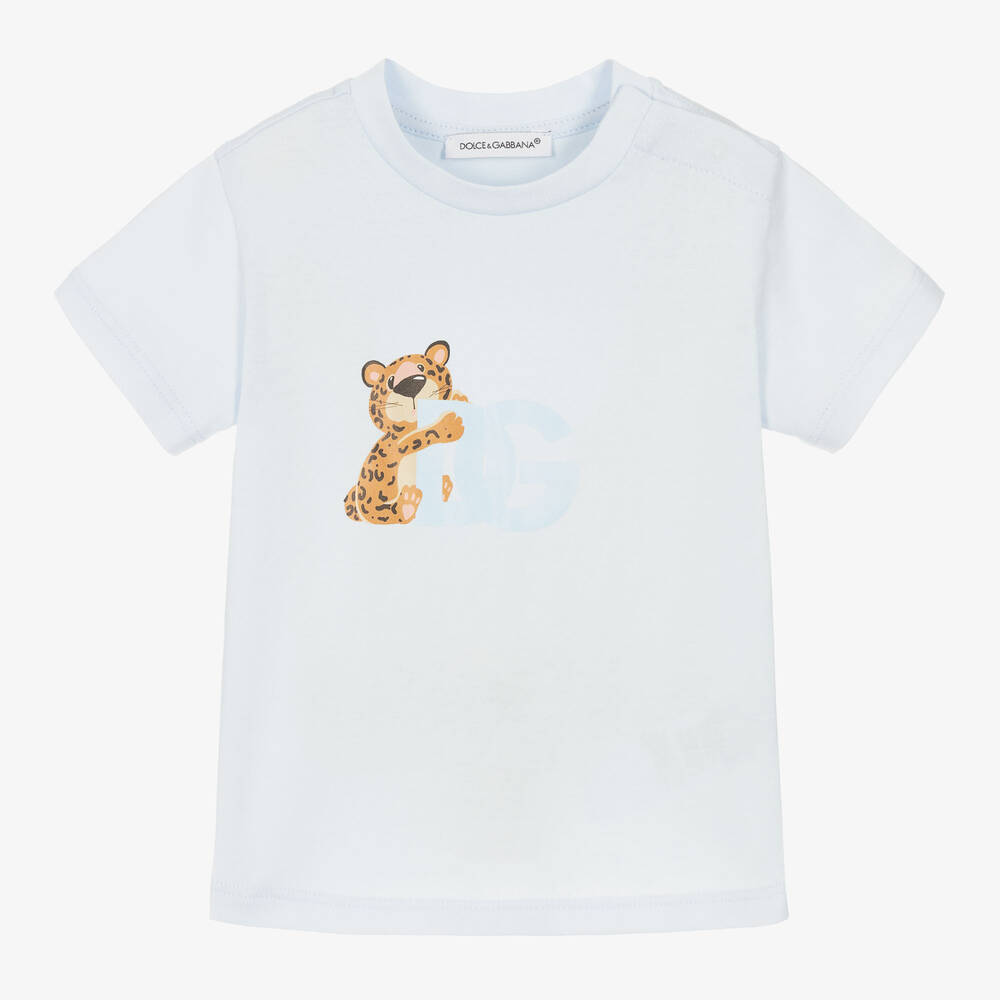 Dolce & Gabbana - Pale Blue Cotton Leopard Logo T-Shirt | Childrensalon