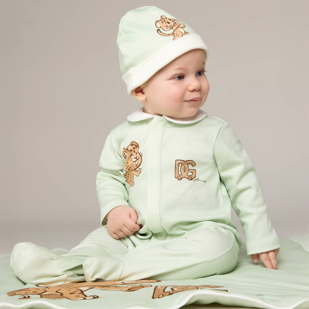 Dolce & Gabbana-Pale Green Cotton Jersey Leopard Cub DG Logo Blanket (74cm) | Childrensalon Outlet