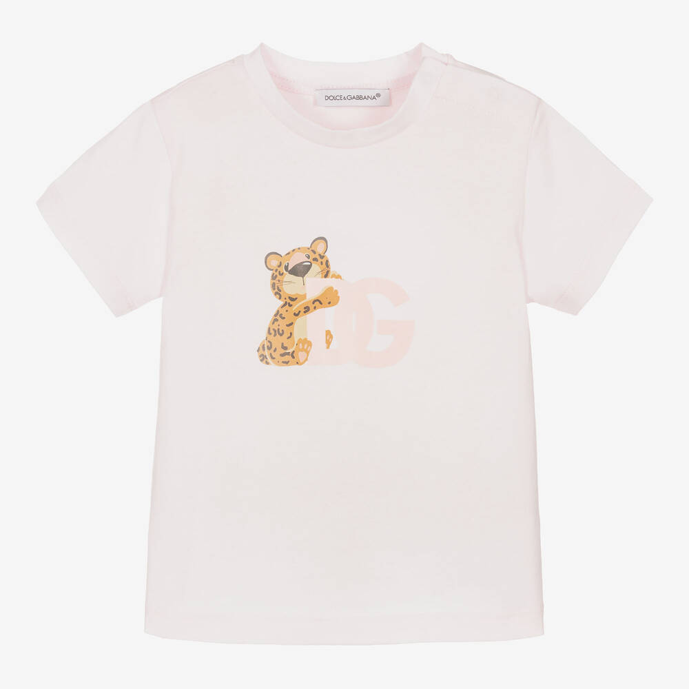 Dolce & Gabbana - Pale Pink Cotton Leopard Logo T-Shirt | Childrensalon